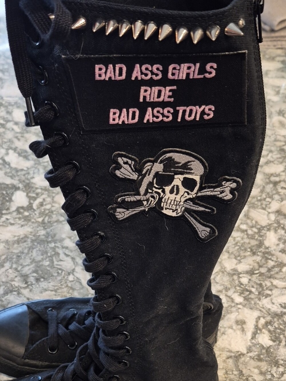 Converse All Stars Black Knee-High Lace-Up Canvas Boots with Pink Patch & Skull